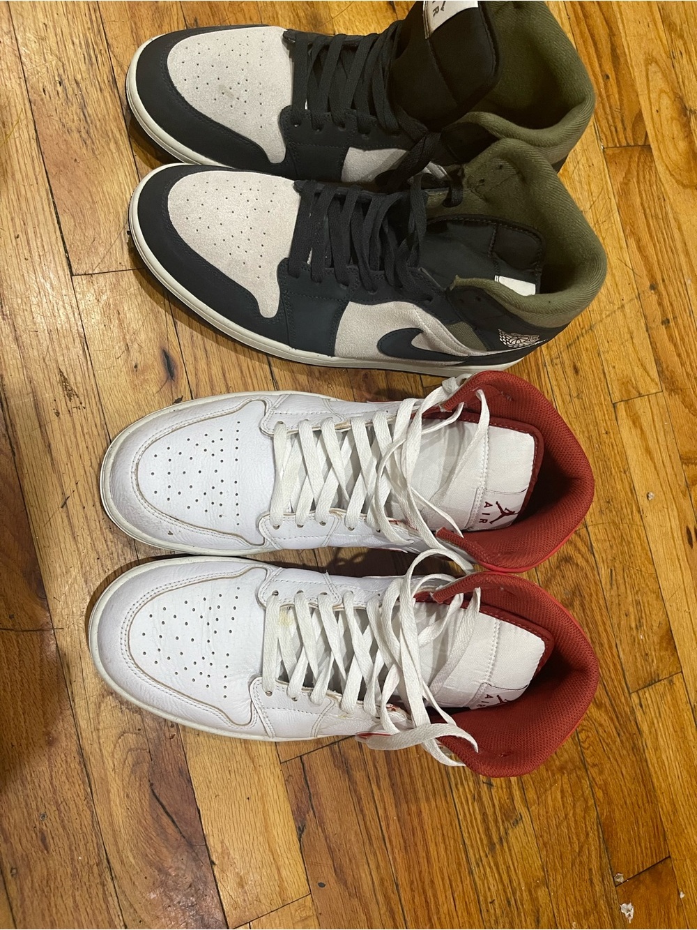 Nike White Sneakers with Red Interior and Olive/Black Pair